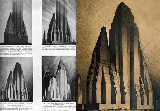 Hugh Ferris’s charcoal drawings interpreting possible building variations legislated by New York City’s zoning amendment of 1916. (via urbanomnibus.net)