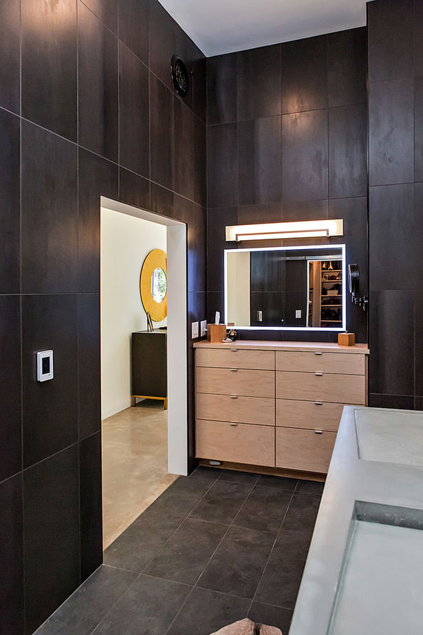 The custom-designed vanity just inside the master bath.