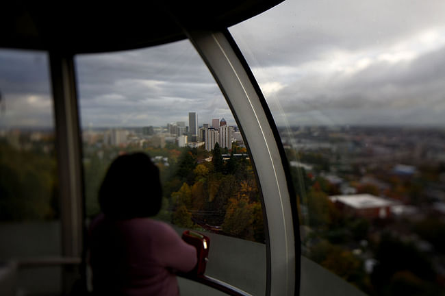 Traveling to the OHSU hospital via the aerial tram takes three minutes. Driving up the twisty mountain road is typically 20 minutes but can be up to 45 minutes depending on traffic. (Caption: NPR; photo: David P. Gilkey/NPR)