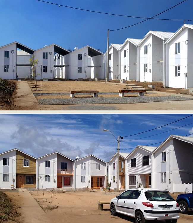 Quinta Monroy Housing, 2004, Iquique, Chile. Photos by Cristobal Palma — Left: “Half of a good house” financed with public money. Right: Middle-class standard achieved by the residents themselves. Courtesy of ELEMENTAL.