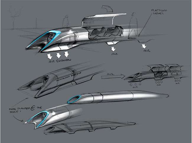 Hyperloop passenger transport capsule conceptual design sketch. Courtesy of Elon Musk/SpaceX