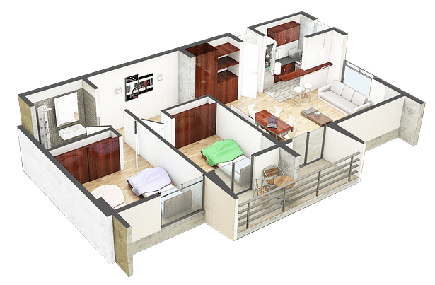 Axonometric - Type Two Room 'A' Apartment. (Image of shared autorship)