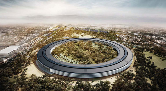 Rendering of the Apple 2 campus in Cupertino, design lead by Lord Norman Foster, image via ArcSpace.