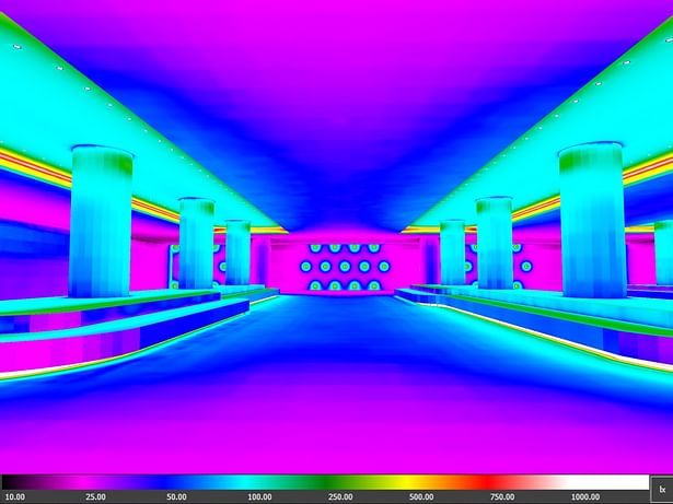 False color rendering of Baggage reclaim area lighting design