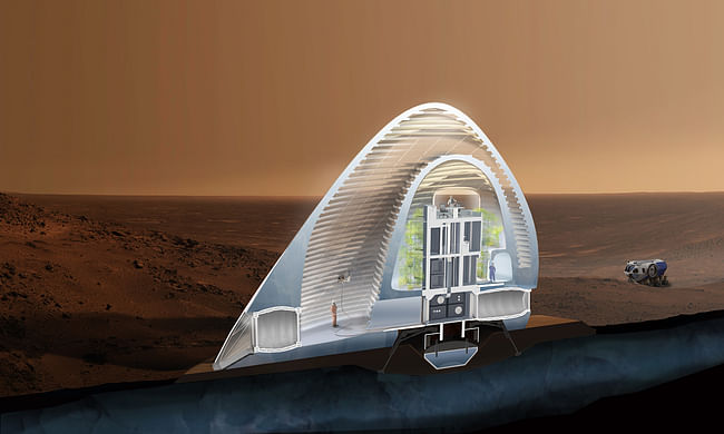Section Perspective: a double ice shell housing programmatic spaces within its layers is 3d printed around a lander habitat. A vertical greenhouse between the habitat and shell forms the crew's yard. Image © CloudsAO / SEArch.