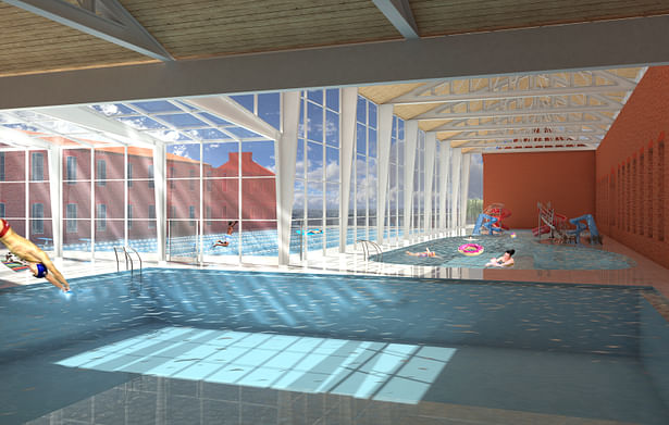 Interior of the repurposed warehouse buildings as swimming pool facilities.