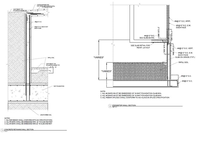 The retaining wall that runs along gridline 6 between grid K.5 and C that hold back the soil under the slab on grade was designed using a fixed-simple beam, though it was proven that minimum steel controlled the design of this structure. This structure was designed to resist ten feet of active soil pressure on one side of the wall and no pressure or support on the other side, to be conservative in design. A section of this wall can be viewed on Drawing S13-1. The exterior walls were designed...