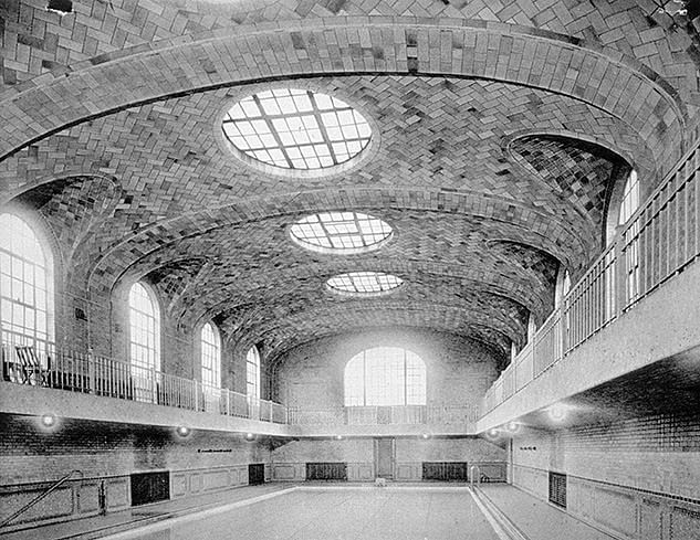 At this YMCA swimming pool in Jersey City, New Jersey, the Guastavino Company created vaulting that was perforated in the center and the sides to admit natural light. Courtesy of Avery Architectural and Fine Arts Library, Columbia University