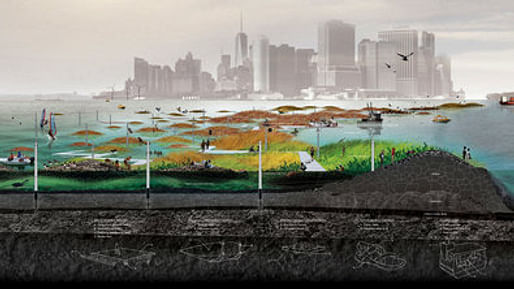 Scape/Landscape Architecture WATERWORLD A reef constructed from rock and shell piles to host oyster growth, as seen in a rendering for a proposal in Brooklyn. Such a structure could filter water and mitigate storm surge
