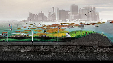 Scape/Landscape Architecture WATERWORLD A reef constructed from rock and shell piles to host oyster growth, as seen in a rendering for a proposal in Brooklyn. Such a structure could filter water and mitigate storm surge