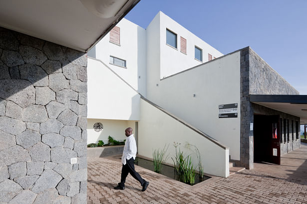 Lower level administrative areas and pond courtyard.