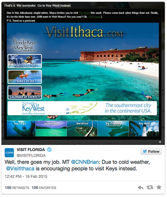 The Ithaca Tourism board added a humorous pop-up urging visitors to head to Florida instead. Credit: Ithaca Tourism Board's twitter via People