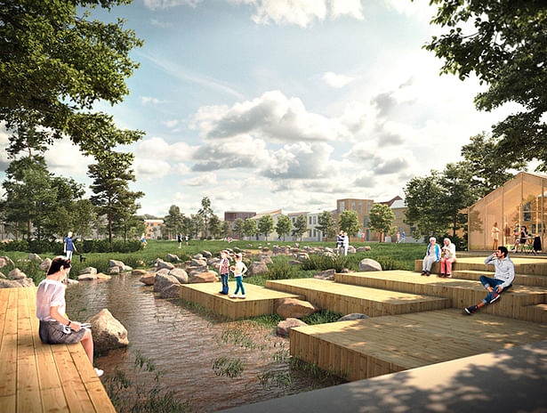 Karlskogan Park. The blue and green infrastructure in the area significantly improves the amenity value whilst also providing much-needed flood mitigation. Credit: Design team.