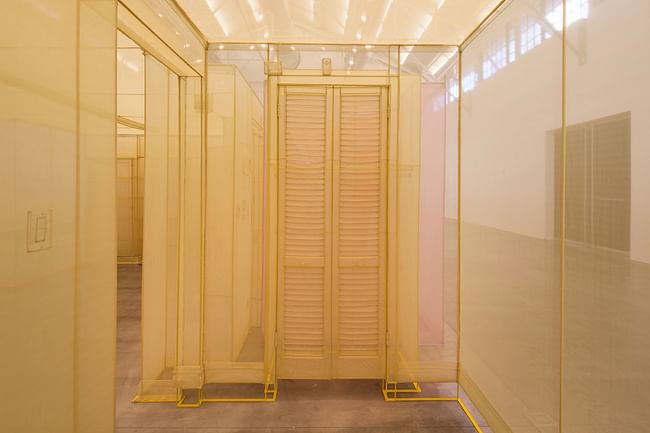 Do Ho Suh, Apartment A, Unit 2, Corridor and Staircase, 348 West 22nd Street, New York, NY 10011, USA (detail), 2011-2014, Polyester fabric and stainless steel tubes, Apartment A, 271 2/3 x 169 3/10 x 96 7/16 in. Unit 2, 422 7/16 x 228 1/3 x 96 1/16 in. Corridor and Staircase, 488 3/16 x 66 1/8 x 96 7/16 in., © Do Ho Suh, Installation view, Museum of Contemporary Art San Diego, 2016. Photo: Pablo Mason.