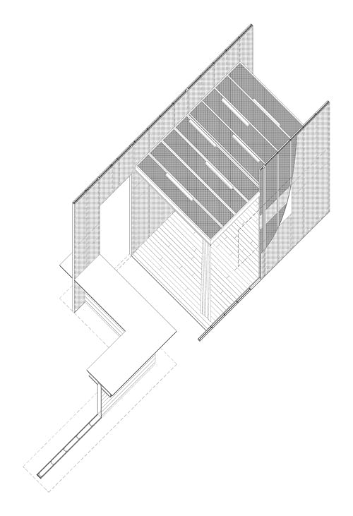 Cutaway axonometric drawing of 'soft' conference room and counter.
