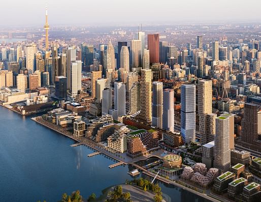 Aerial rendering of the <a href="https://archinect.com/news/article/150299349/toronto-s-quayside-is-back-with-projects-by-adjaye-associates-alison-brooks-and-henning-larsen">latest, revised proposal</a> for Toronto's Quayside waterfront development. Image courtesy Toronto Waterfront.