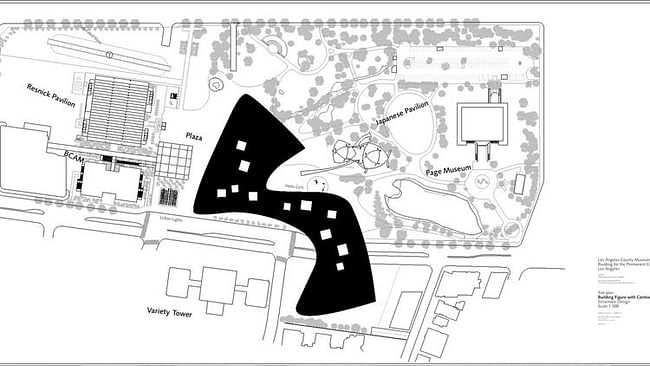 The latest site plan for Peter Zumthor's proposed redesign of LACMA. (Atelier Peter Zumthor & Partner). Image via latimes.com.
