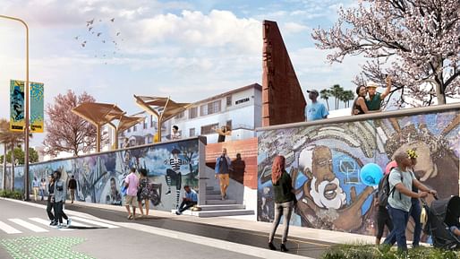 Proposed makeover of the iconic Crenshaw Wall, including art restoration, wall stabilization, and the installation of a parklet, including signage, shade structures, and landscaping . Courtesy of Perkins and Will.
