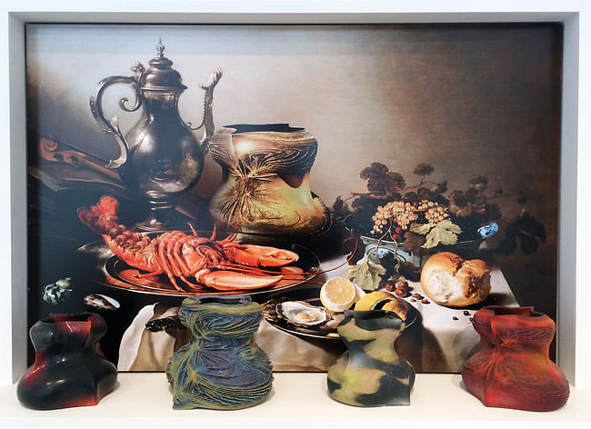 Young & Ayata ( Michael Young & Kutan Ayata), 'Still life with lobster, silver jug, large Berkenmeyer fruit bowl, violin, books, and sinew object after Pieter Claesz, 1641,” 2014. Glazed 3D-color prints, wood frames,and color c-prints. 24 x 36 x 10 inches. Courtesy of the artists.