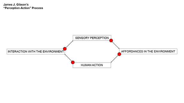 Image 5: James J. Gibson’s cyclical model posits that the sensory perception of humans allows them to pick up on advantageous things in the environment (also known as “affordances”). The process of getting to an affordance and using it requires human action. Through their actions, humans can interact with the environment and affect it. Their positive and negative effects on the environment can be perceived via the senses, thus restarting the cycle.