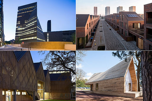 Upper Left: Tate Modern. Photo by Iwan Baan. Upper Right: Dujardin Mews. Photo by Mark Hadden. Bottom Left: Bedales School. Photo by Hufton + Crow. Bottom Right: Wolfson Tree Management Center. Photo by Andy Matthews
