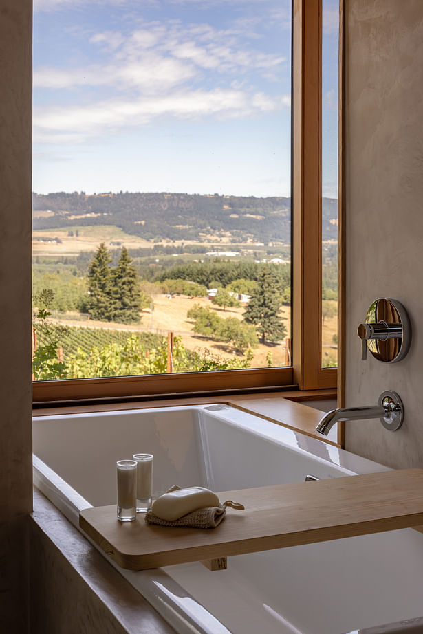 Large surrounding windows give a sense of being outdoors even from the comfort of the bathtub. PHOTOGRAPHER: Andrew Pogue