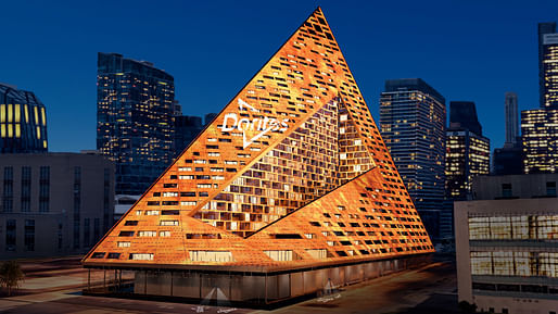 Bjarke Ingels Group’s VIA 57 West was illuminated in bright orange as part of Dorito's new Triangular Tracker marketing campaign. Image: Frito-Lay North America