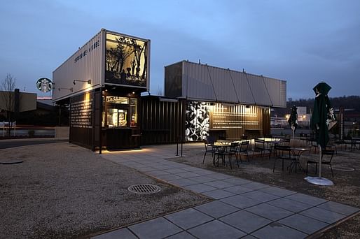 An example of one of Starbucks' LEED certified stores, made out of shipping containers and located in Tukwila, WA.