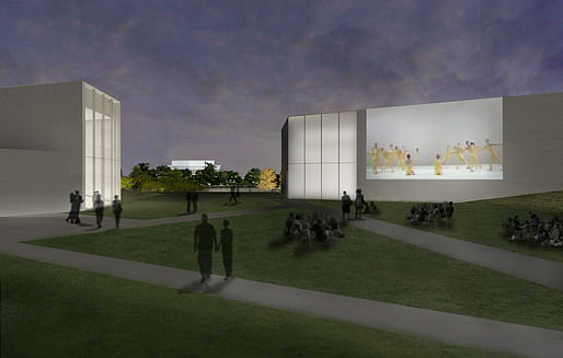 The REACH, Rendering of outdoor video project wall and lawn. Courtesy of Steven Holl Architects.