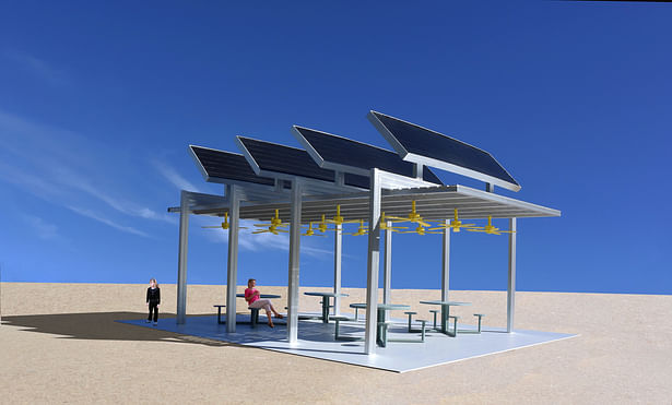 The Solar Ceiling Fan Pavilion that makes electricity from the sun for the local community and powers ceiling fans that make a cool place for the visitors.