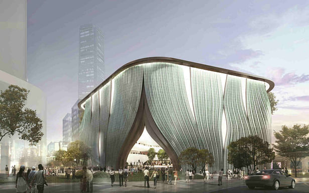 Street level view of Xiqu Centre in relations to piazza