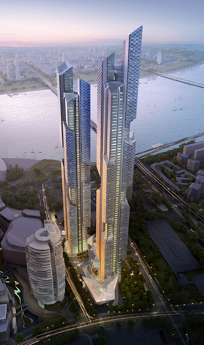 Aerial view of Tower 1 and Tower 2 (Image: Adrian Smith + Gordon Gill Architecture)