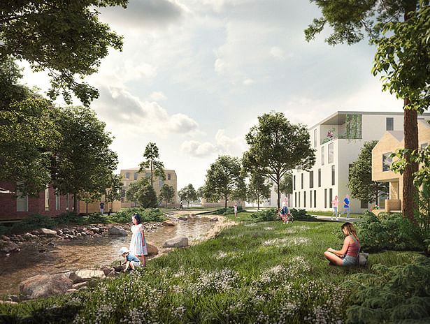 Jokipuisto, Jokikylä. The townscape character of Jokikylä is defined by the proximity of nature found in the lush meadow and riverside vegetation of the Vantaanjoki river. Credit: Design team.