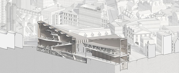 Section through Copula Hall depicting the halls of each government, as well as the shared office space between.