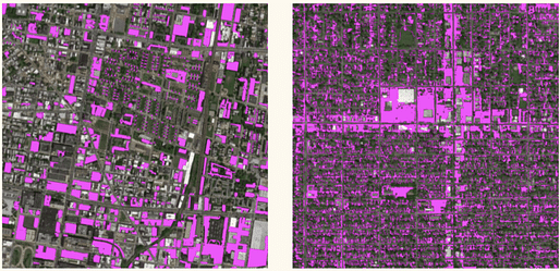 Satellite images with surface parking highlighted in Philadelphia (left) and Seattle (right), via the Research Institute for Housing America.