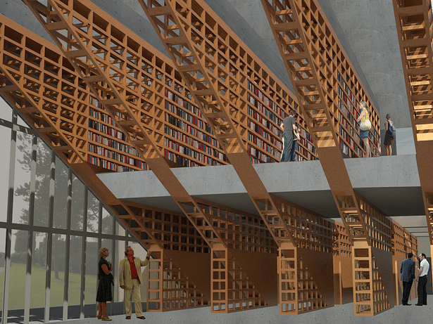 Interior rendering of structural wooden bookshelves.
