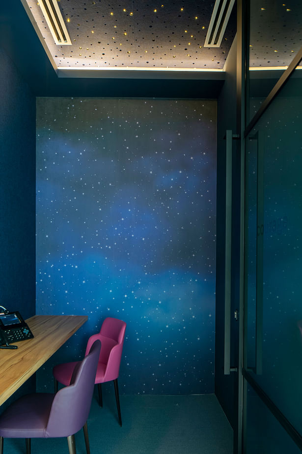 Cosmic-themed meeting room at PHD with interesting workplace interior design