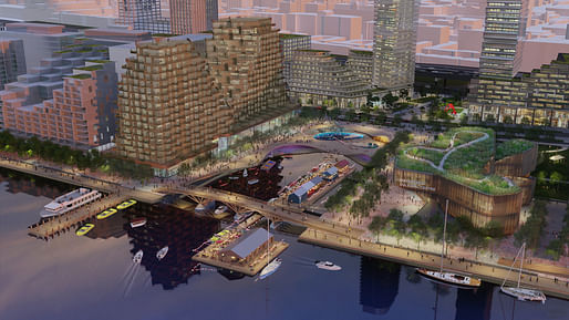 Aerial rendering of the proposed vision for Quayside looking northwest at sunset. Rendering by West 8 + DTAH. Courtesy of <a href="https://waterfrontoronto.ca">waterfrontoronto.ca</a>