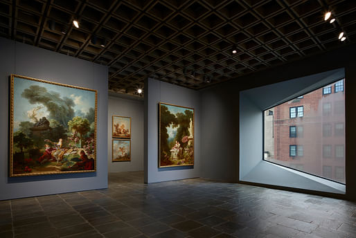 Four grand panels of Fragonard's series <em>The Progress of Love</em> are shown together at Frick Madison in a gallery illuminated by one of Marcel Breuer's trapezoidal windows. Photo: Joe Coscia, all images courtesy of The Frick Collection.