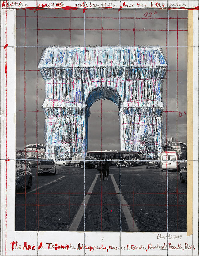 Christo, The Arc de Triomphe, Wrapped, Place de l'Etoile, Charles de Gaulle, Paris, Collage 2019, 11 x 8 1 2” (28 x 21.5 cm), Pencil, wax crayon, enamel paint, photograph by Wolfgang Volz and tape, Photo by André Grossmann © 2019 Christo