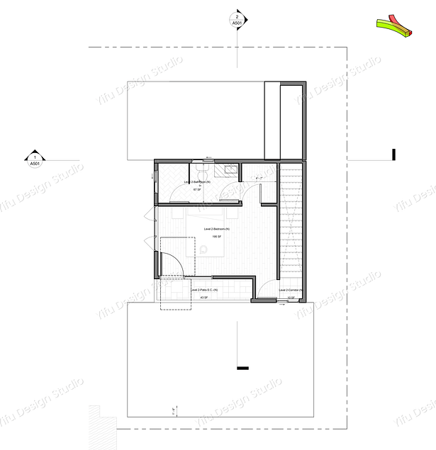 Second Level Floor Plan – Detached Accessory Dwelling Unit (ADU) . Private Upper Level: A thoughtful staircase leading to the private upper level, housing a master suite complete with an ensuite bathroom, providing a private oasis within the ADU.