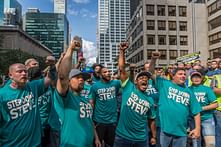 Hundreds of construction workers protest Hudson Yards developer Steve Ross, calling on NFL to remove him from commitee