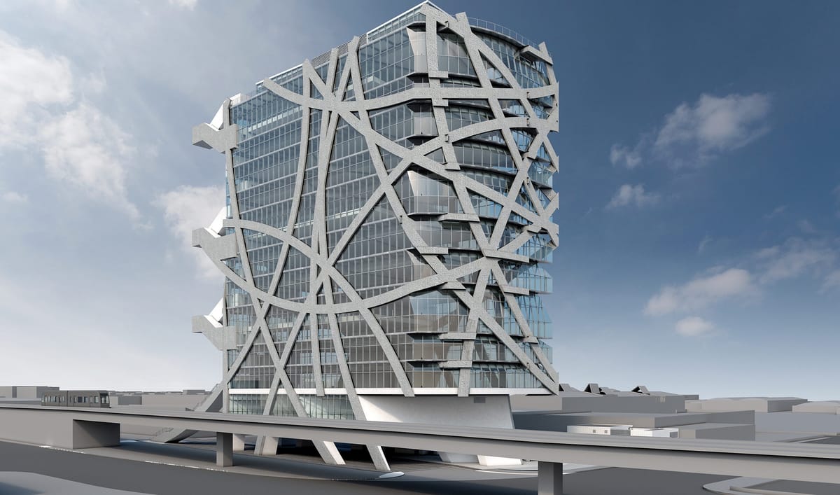Eric Owen Moss-designed (W)RAPPER tower has topped out | News | Archinect