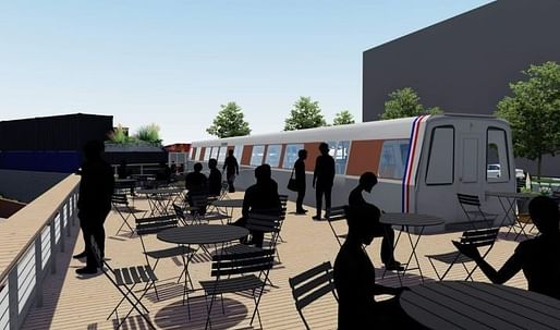 The "Hospitality in Transit" proposal aims to reimagine a decommissioned BART car into an outdoor venue that will serve as a co-working space, café, and meeting place during the day and bar at night. Image: Hospitality in Transit/BART