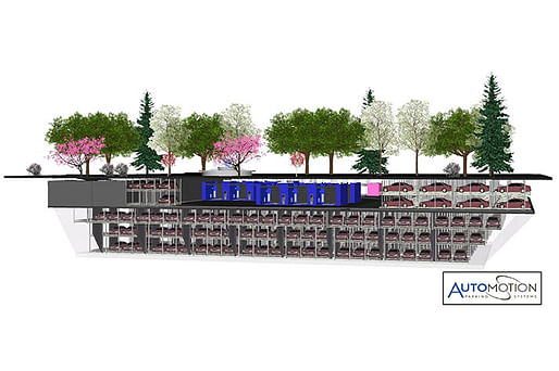 The new below-grade automated parking garage will house almost 700 cars on its 5 floors. Drivers will simply pull their car into a designated area, grab a ticket, and then a high-tech system will whisk the car away into a parking space. (Build a Better Burb; Image courtesy of Automotion Parking Systems/Jeffrey Hyde)