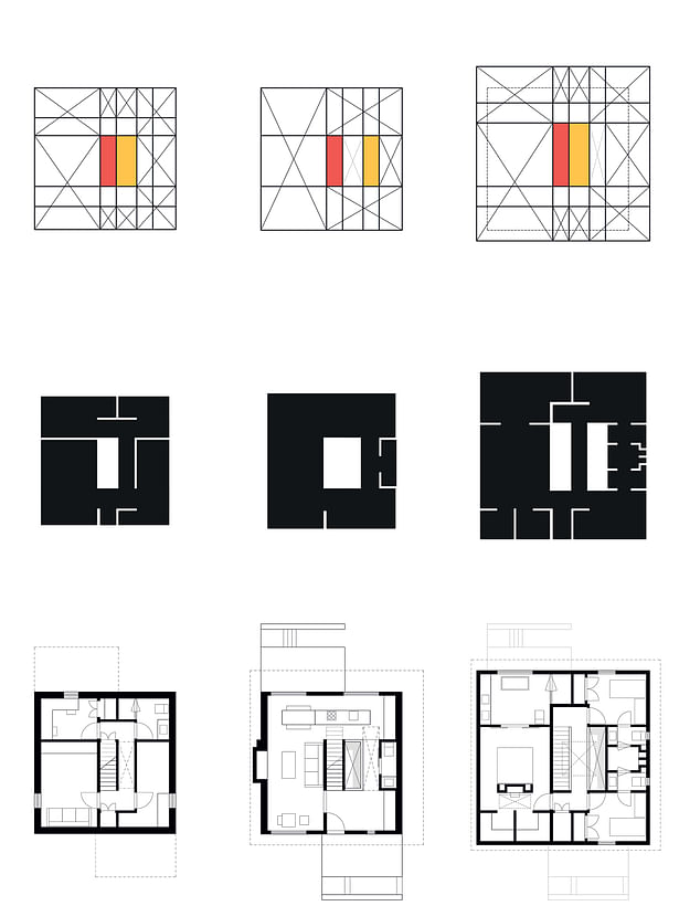 rzlbd / Albers House / diagrams: geometry, spatial organization (anti-drawing), floor layouts