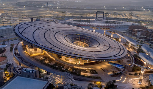 "Terra - The Sustainability Pavilion" by Grimshaw, one of the attractions of the <a href="https://archinect.com/features/article/150288027/dystopia-in-the-desert-expo-2020-dubai-embodies-our-unsustainable-attitude-towards-urbanism">Expo Dubai 2020</a> grounds where COP28 is held. Image © Expo 2020 Dubai