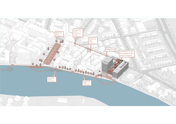 Axonometry Behrens-Ufer: connected roofscape with continuos visitor path © HENN