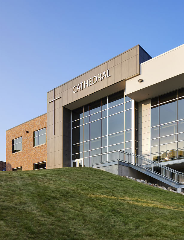 Exterior of the new Commons, connecting buildings on multiple levels.