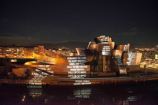 The facade projections are part of the new exhibition Jenny Holzer: Thing Indescribable at the Museo Guggenheim Bilbao. Image via the museum's Facebook page.